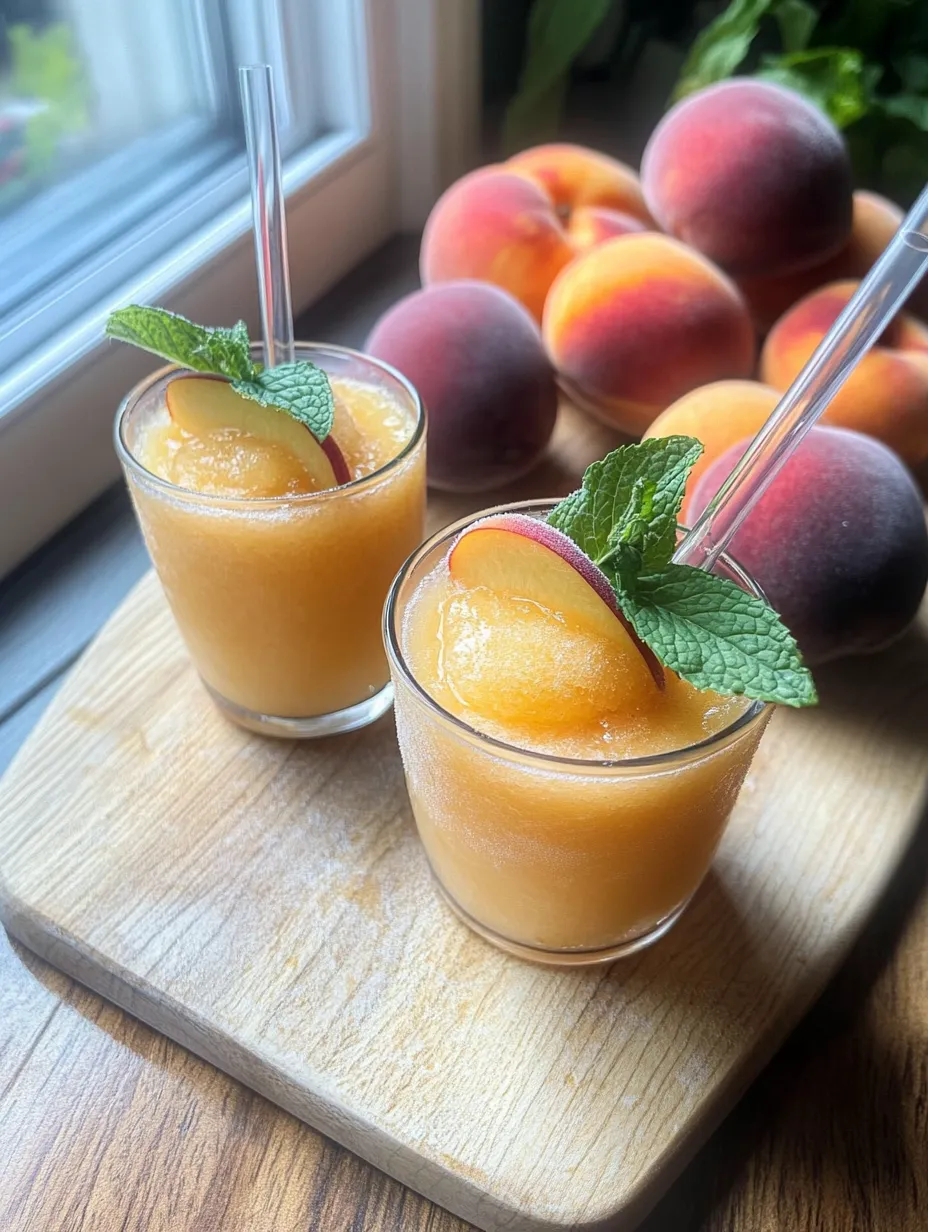 Two glasses of peach juice with mint garnish.