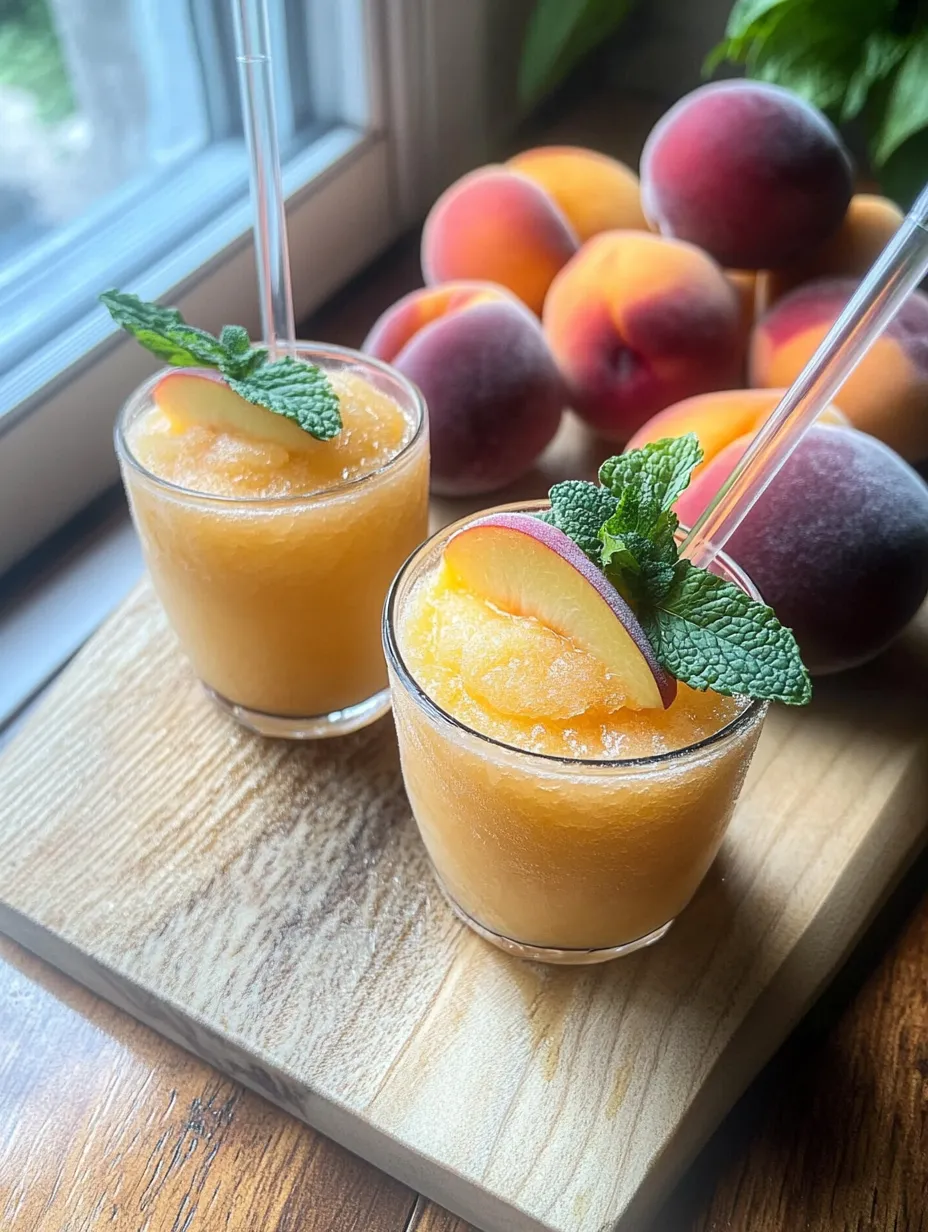 Two glasses of peach juice with mint leaves.