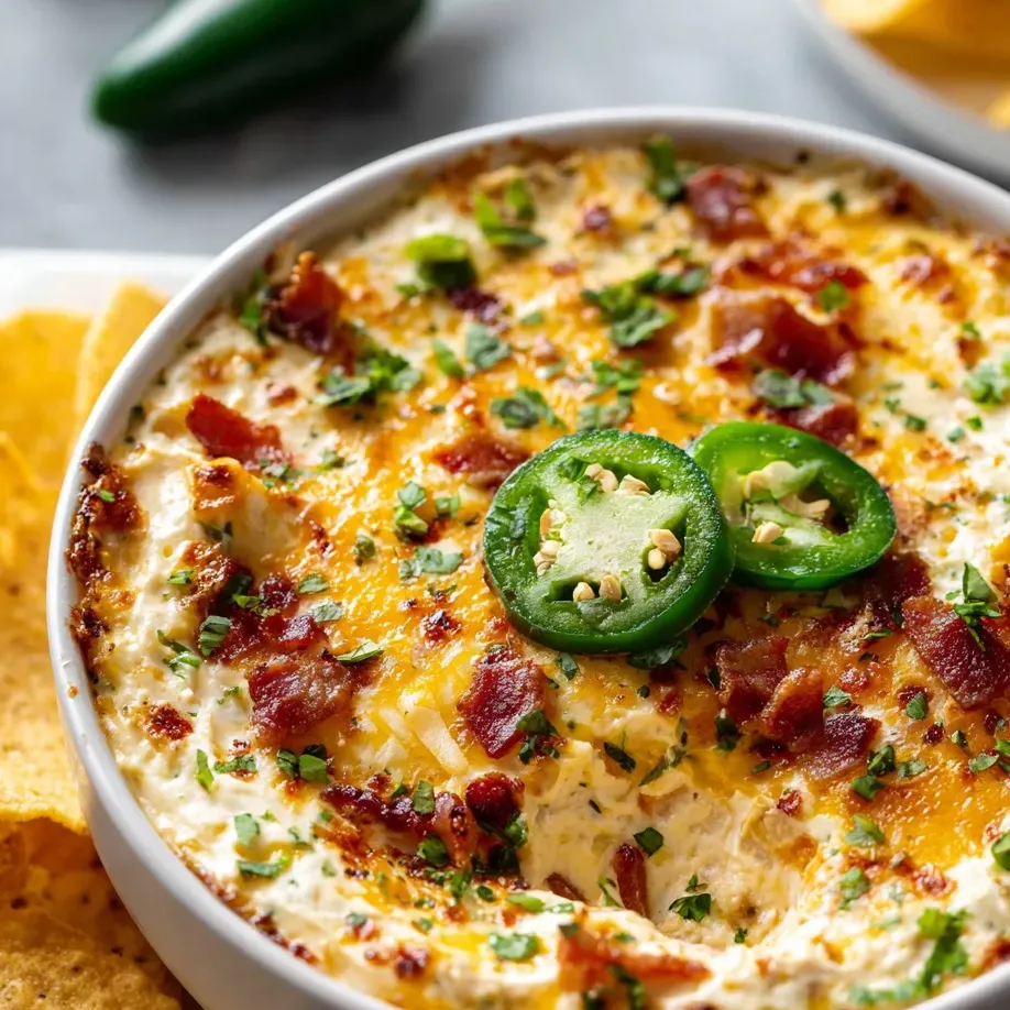 A bowl of food with jalapenos and bacon.