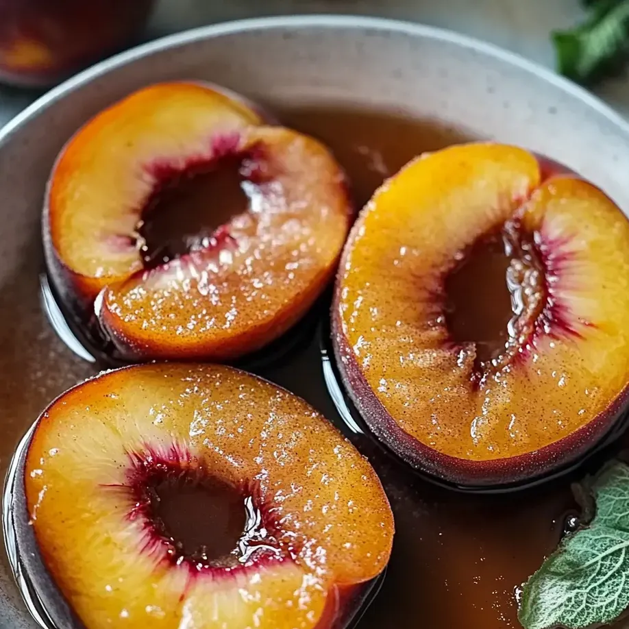 Peaches in a bowl with syrup.