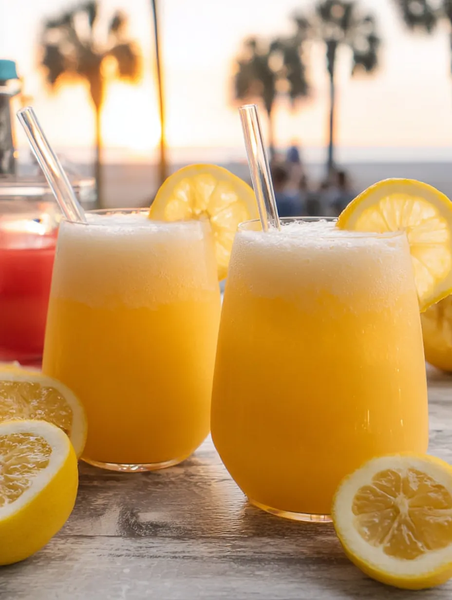 Two glasses of lemonade with lemon slices in them.