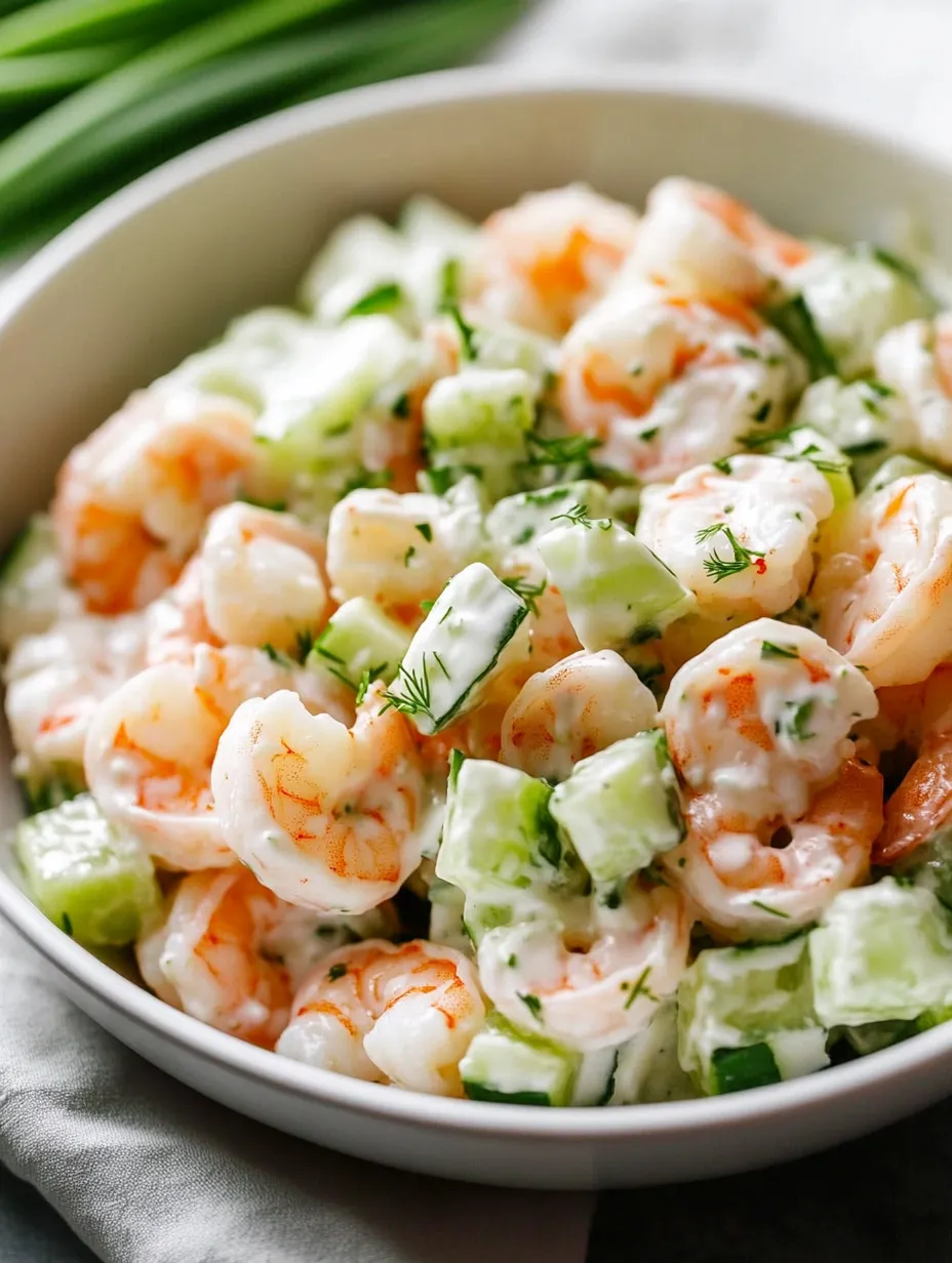 A bowl of shrimp salad with cucumbers and white sauce.