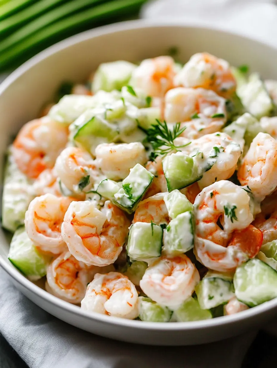 A bowl of shrimp salad with cucumbers and herbs.