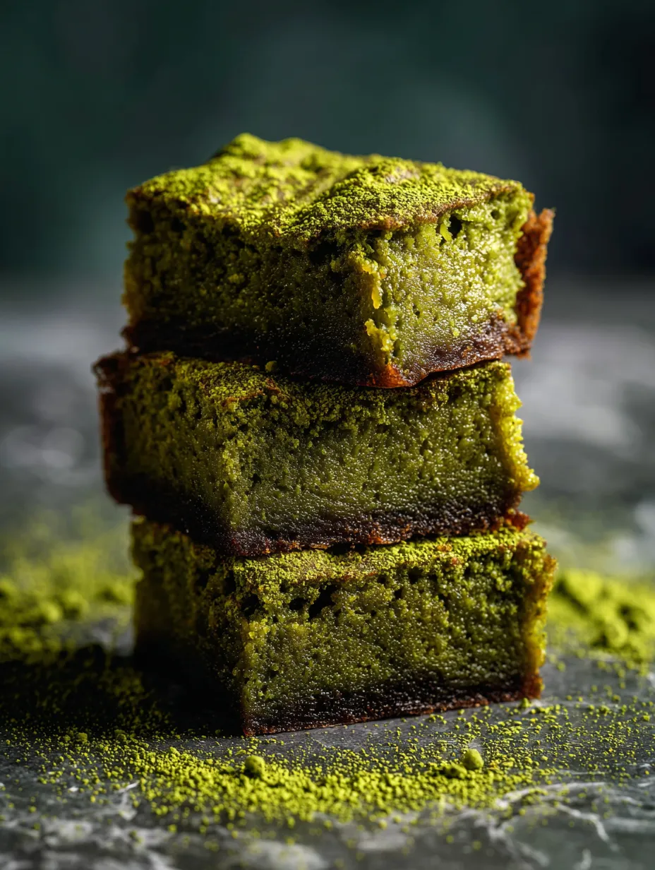 Three pieces of green cake stacked on top of each other.