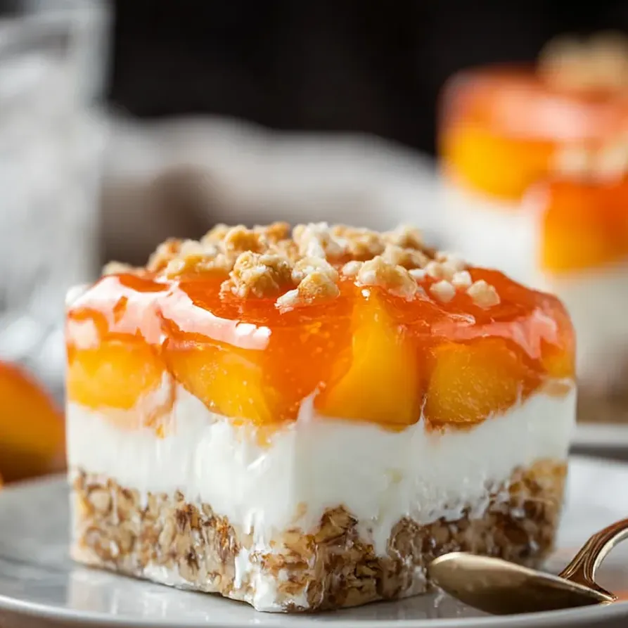 A slice of peach cobbler with a spoon on the side.