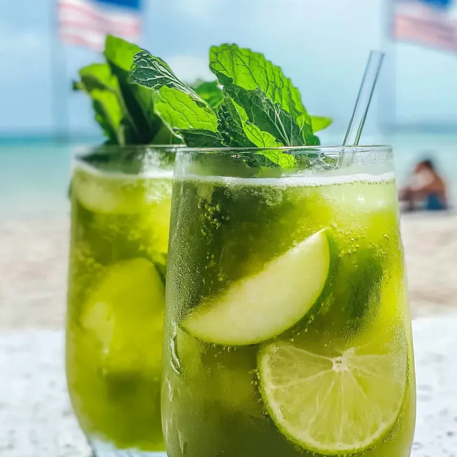 Two glasses of green drink with lemon slices.