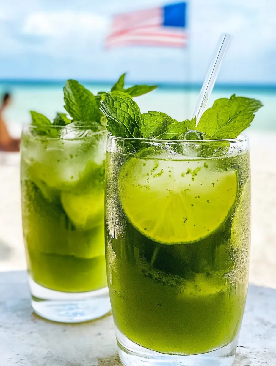 Two glasses of green drinks on a table.