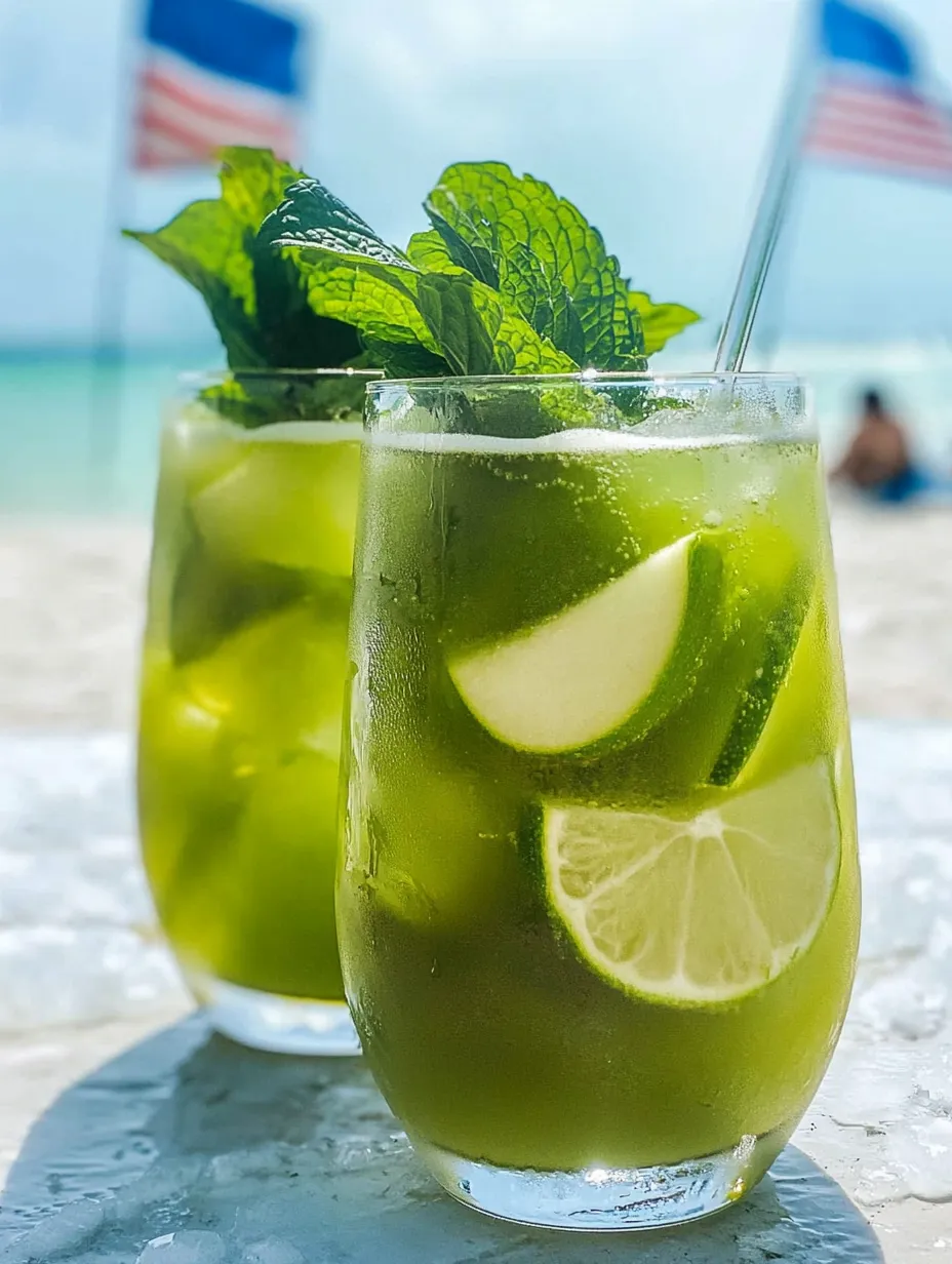 Two green drinks with limes and mint.