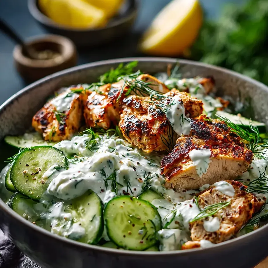 A bowl of food with chicken, cucumbers, and sauce.