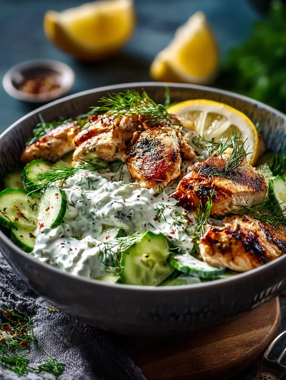 A bowl of food with chicken, cucumbers, and lemon.