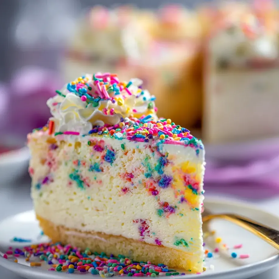 A slice of cake with sprinkles on a plate.