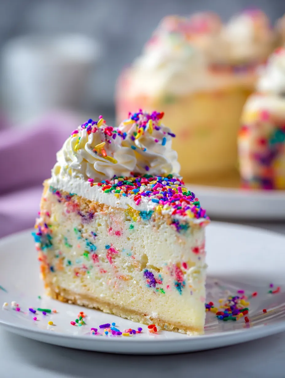 A slice of cake with sprinkles on a plate.
