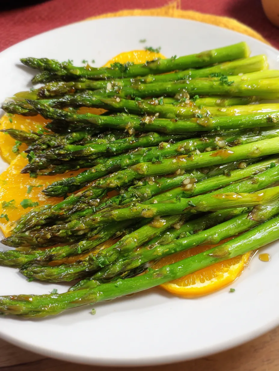 A plate of asparagus and orange slices.