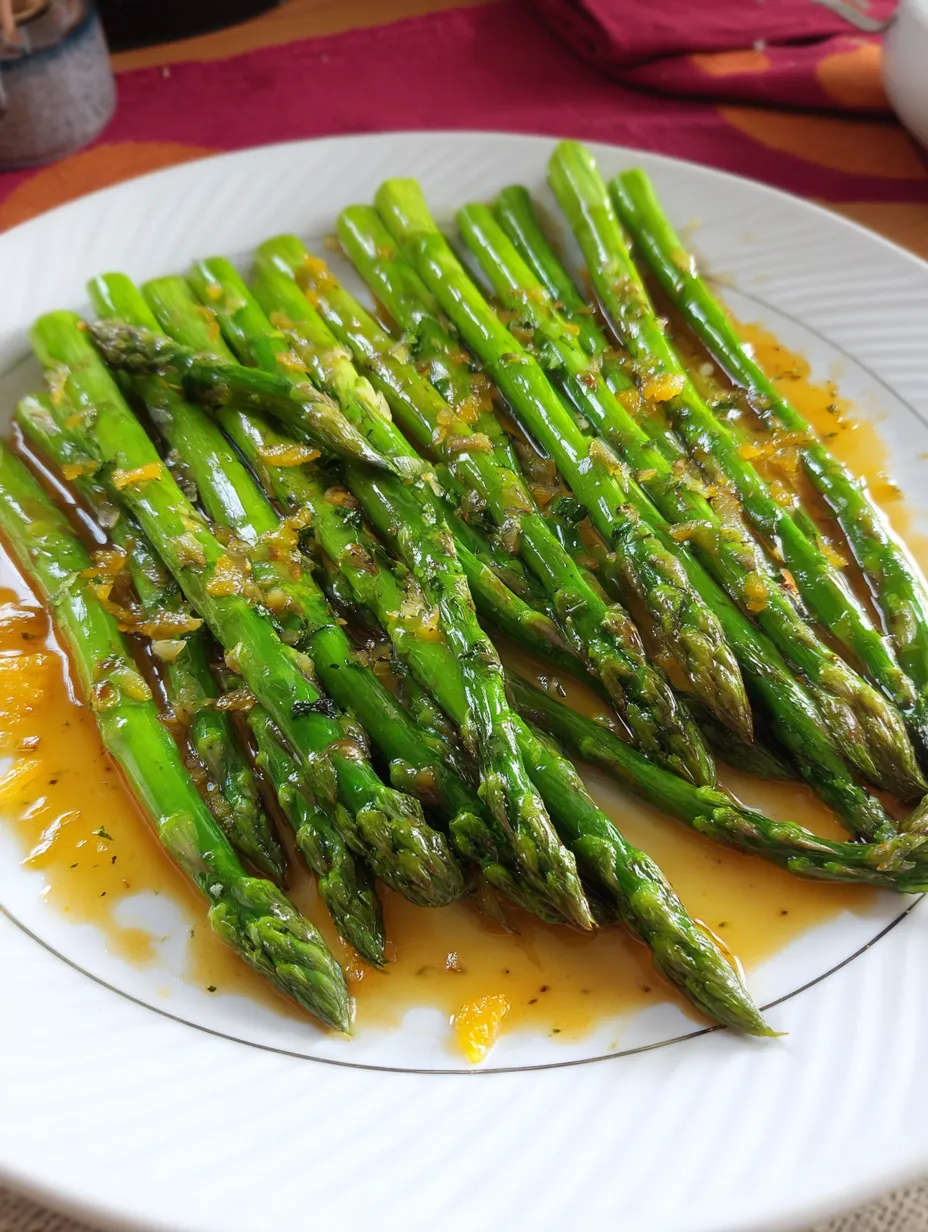 A plate of cooked asparagus with orange sauce.