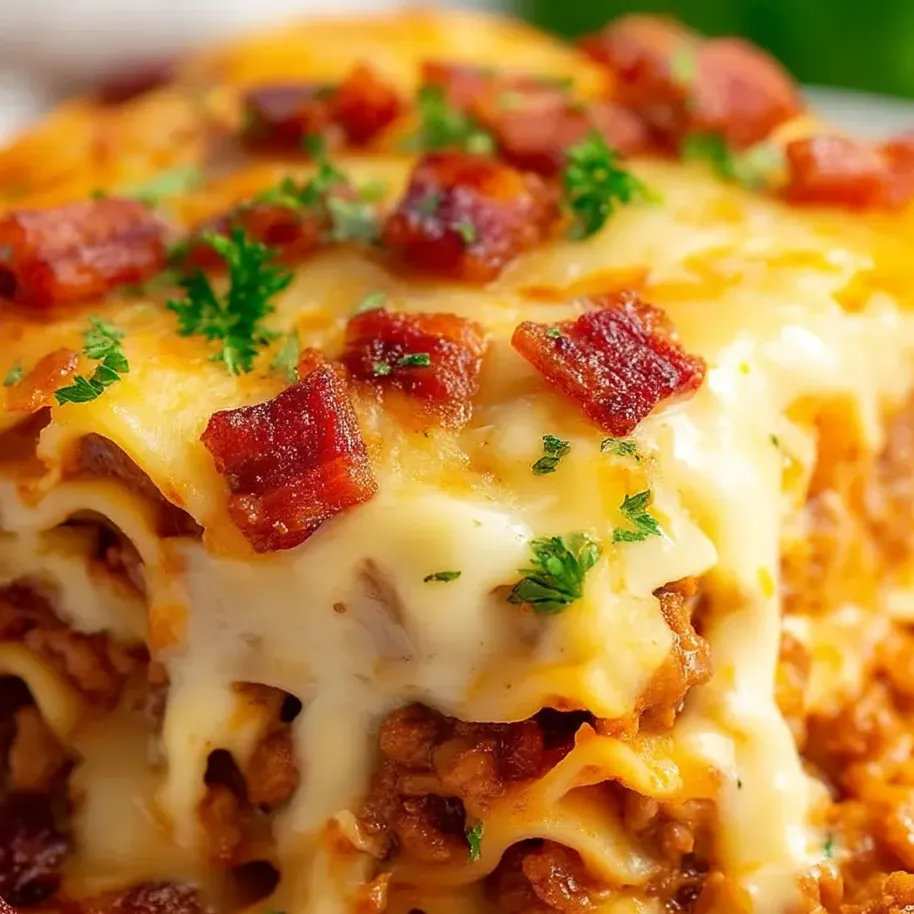 A close up of a cheesy bacon casserole.