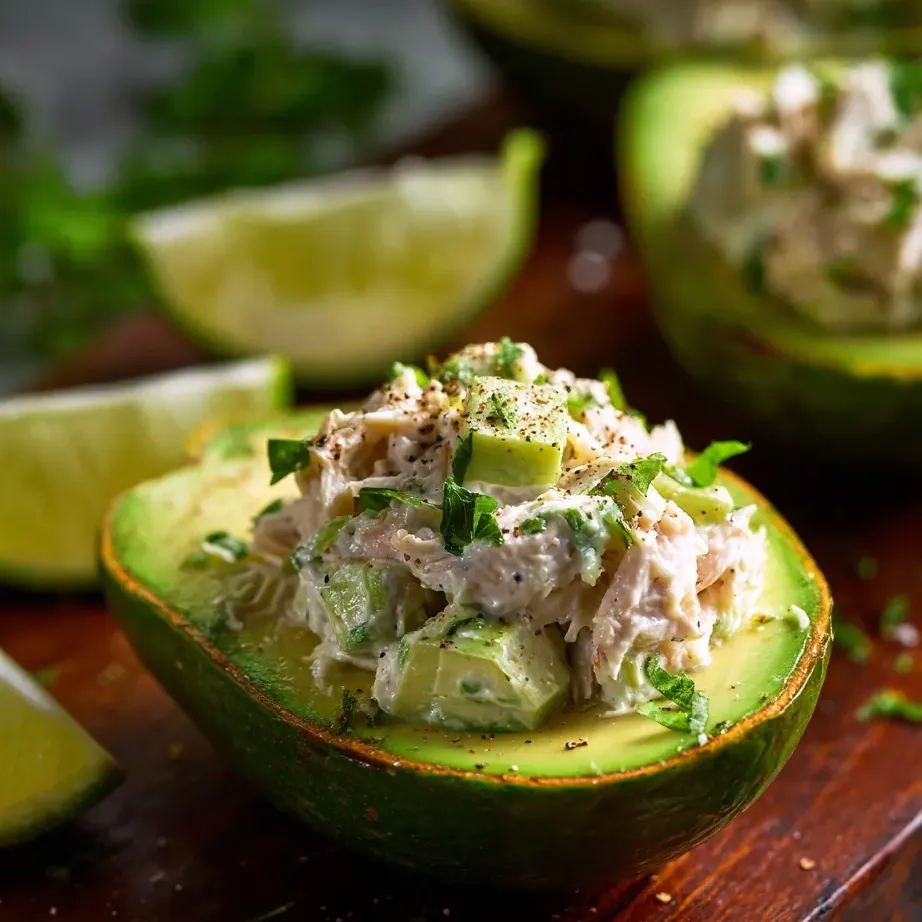 A slice of avocado with a salad in it.