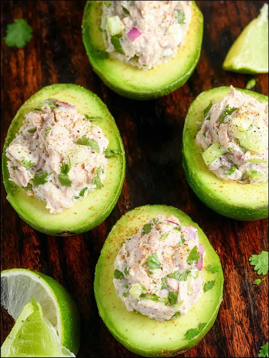 A plate of avocado halves with a creamy filling.
