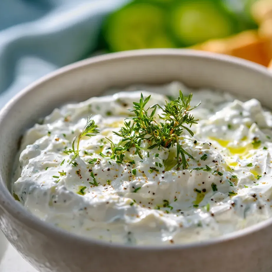 A bowl of dip with a sprig of parsley on top.