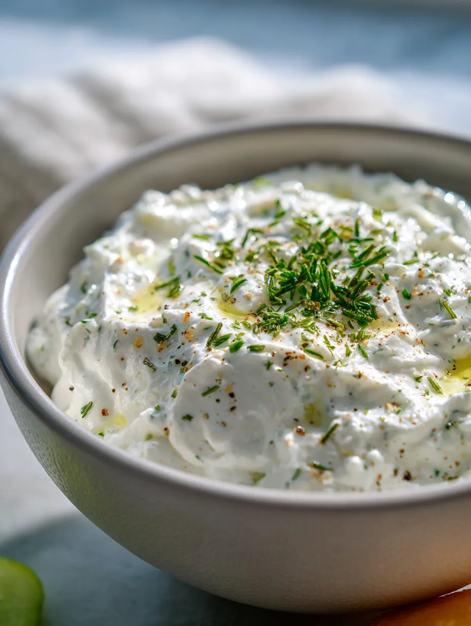 A bowl of white dip with green herbs on top.