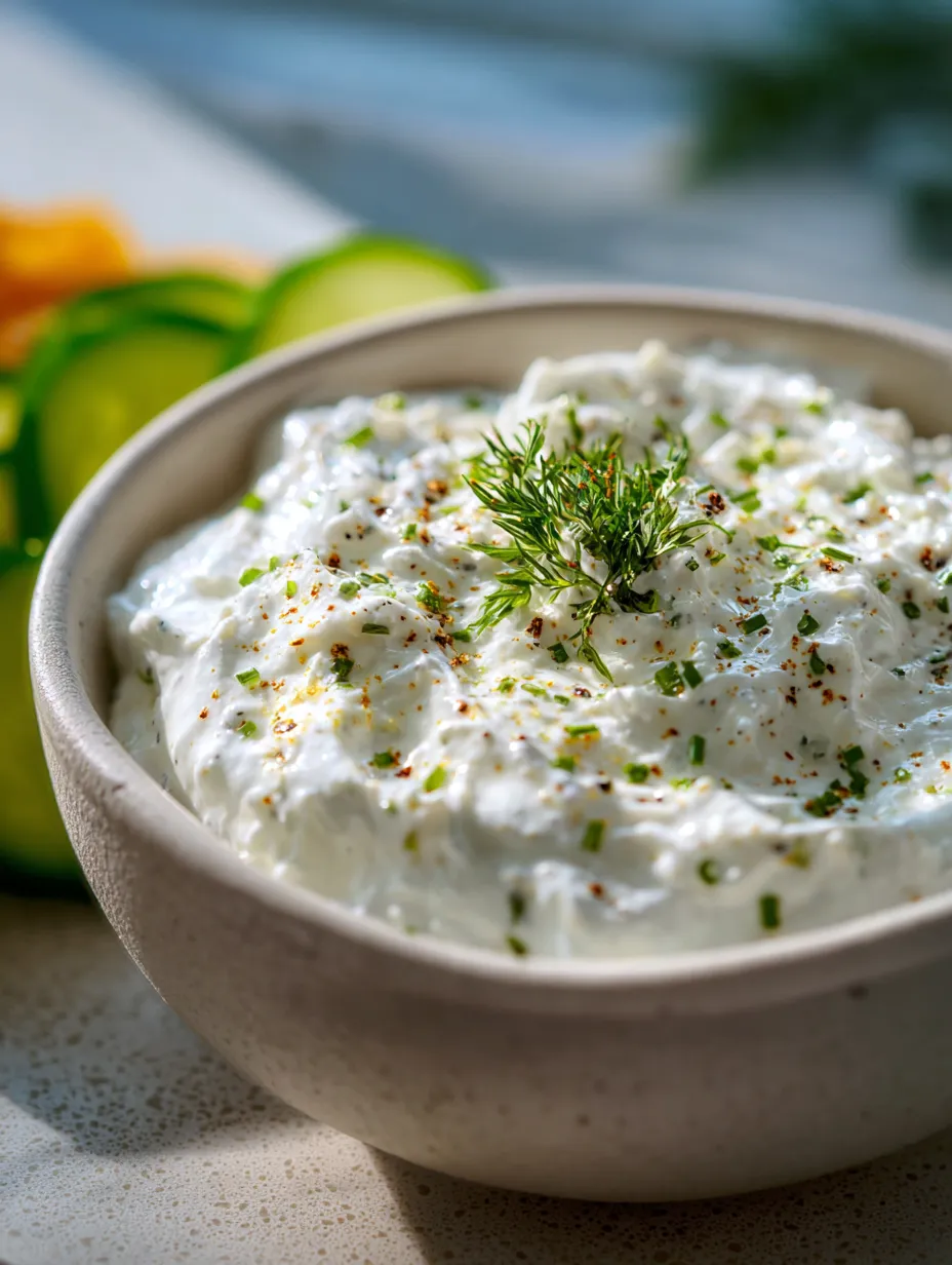 A bowl of white dip with green toppings.