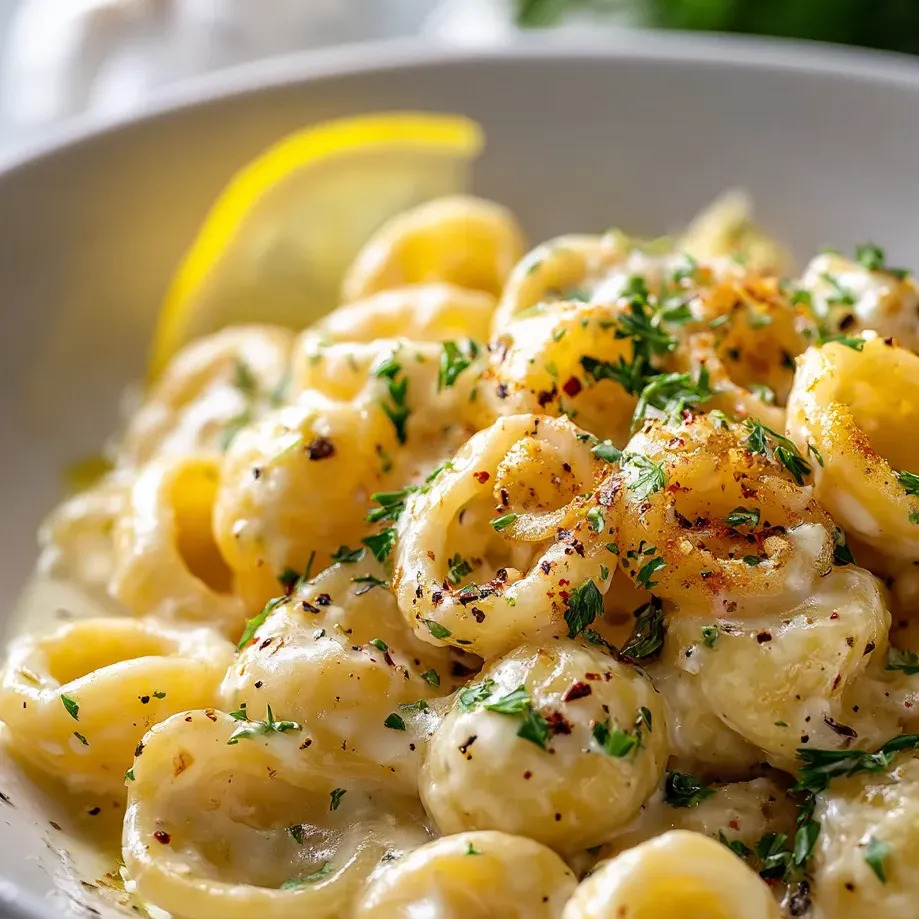 A bowl of pasta with a lemon wedge on top.