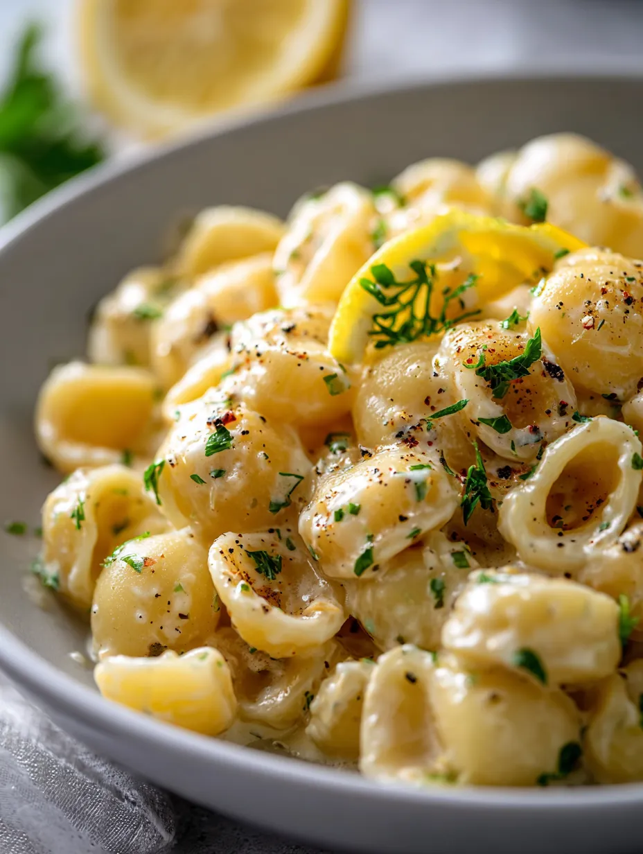 A bowl of pasta with lemon and herbs.