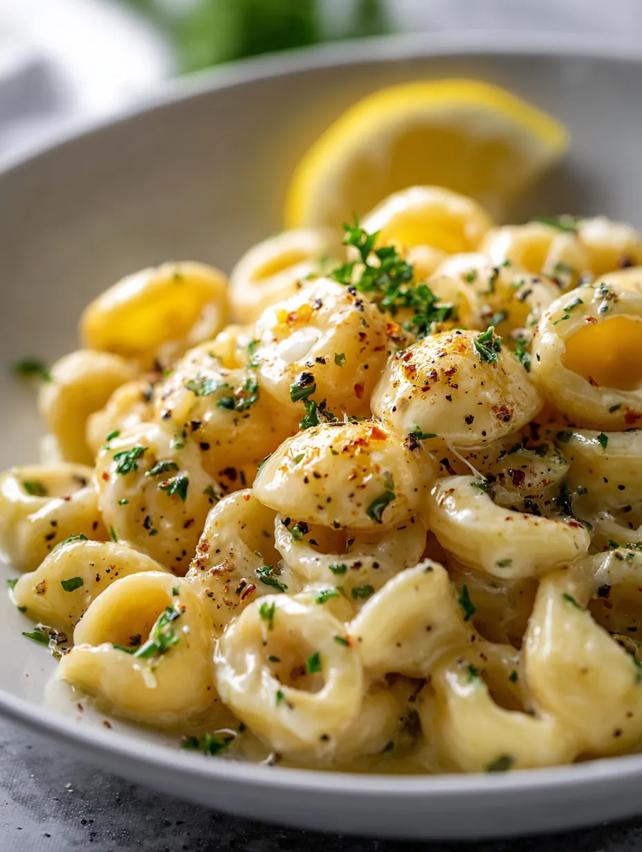 A plate of pasta with a lemon wedge on top.