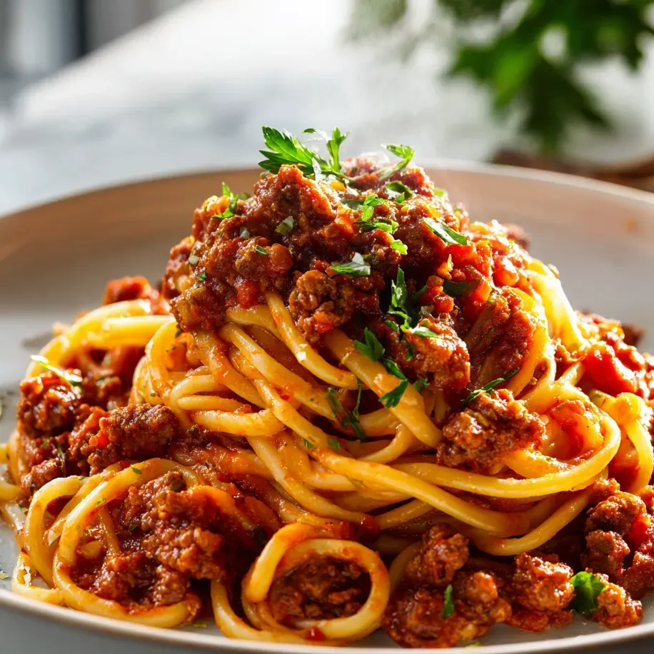 A plate of spaghetti with meat sauce.