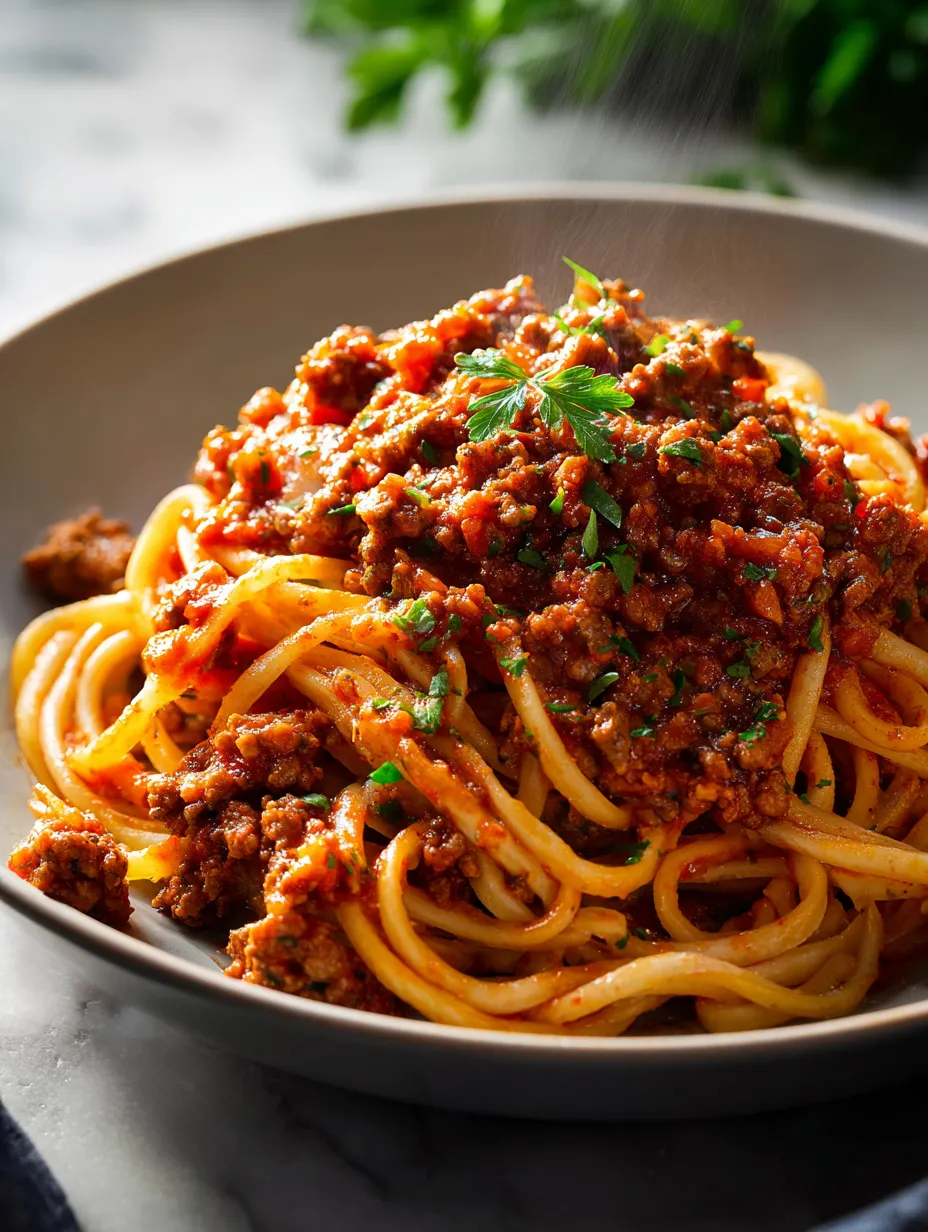 A bowl of spaghetti with meat sauce.