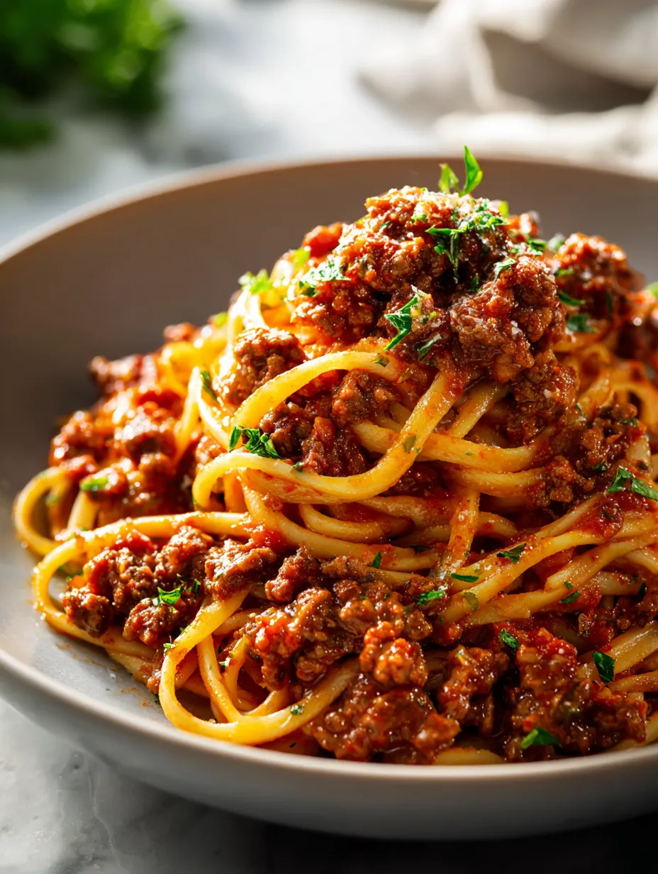 A bowl of spaghetti with meat sauce.