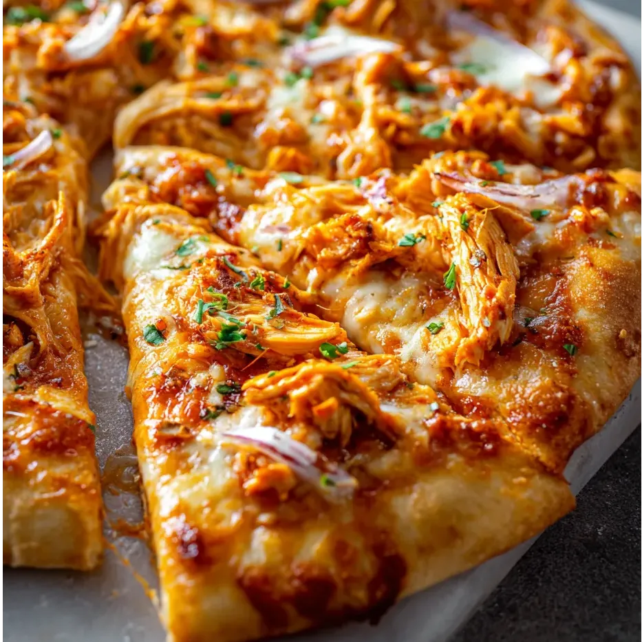 A slice of pizza with chicken and onions.