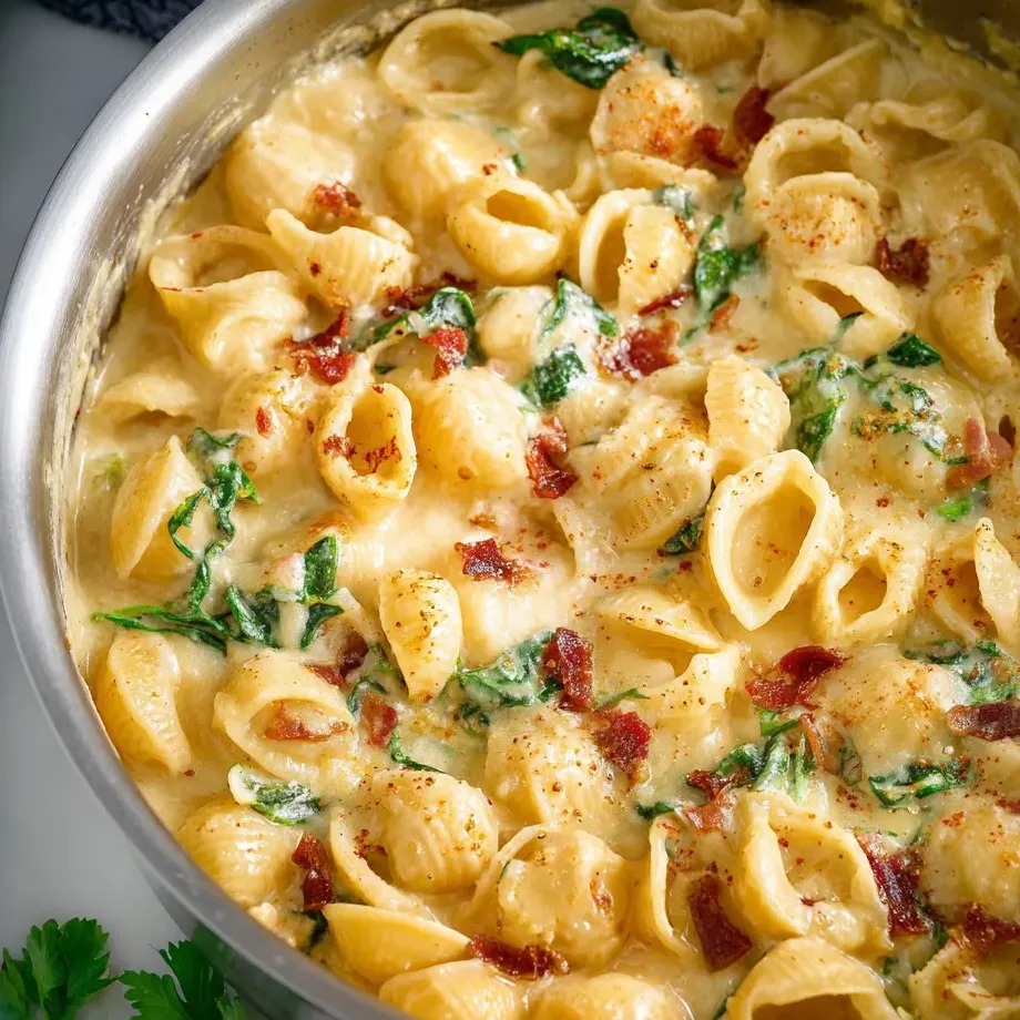 A bowl of pasta with cheese and bacon.