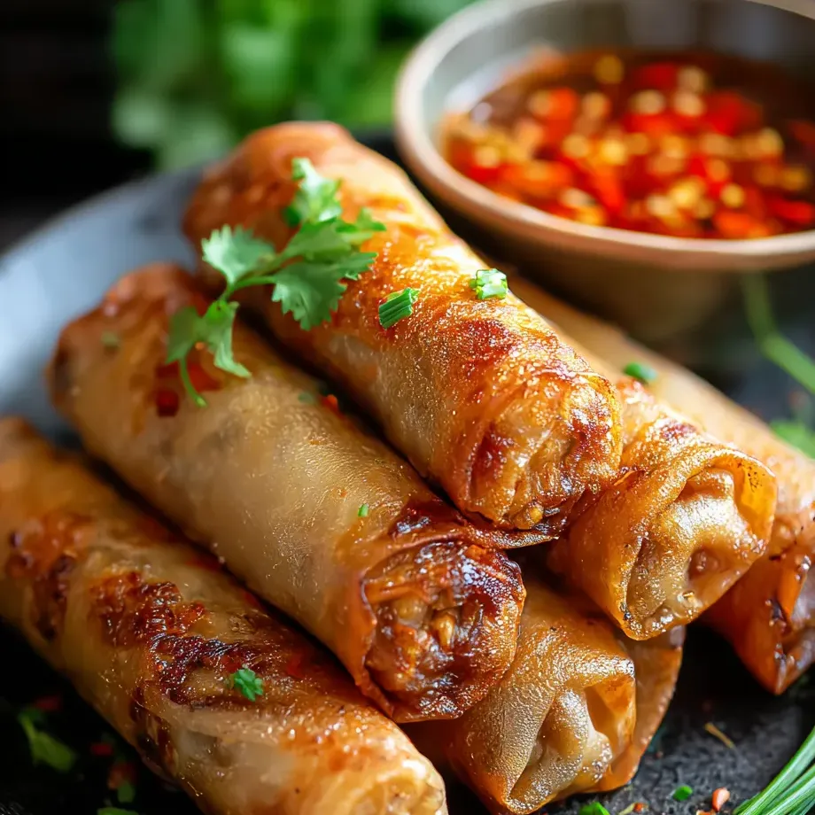 A bowl of sauce next to a plate of spring rolls.