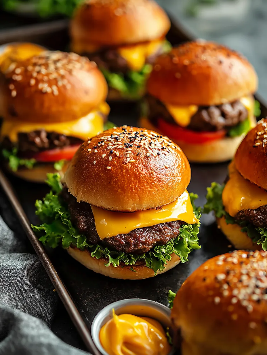 A tray of mini burgers with lettuce and cheese.