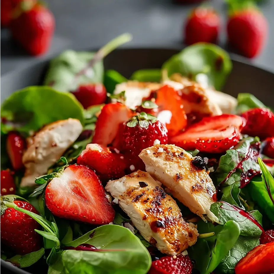 A bowl of food with strawberries and chicken.