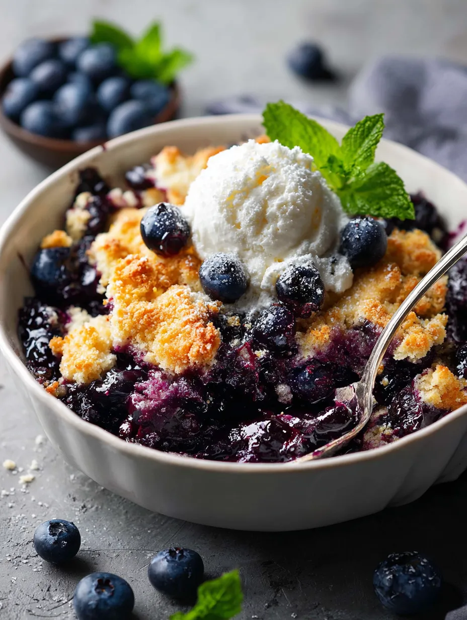 A bowl of blueberries with a scoop of ice cream on top.