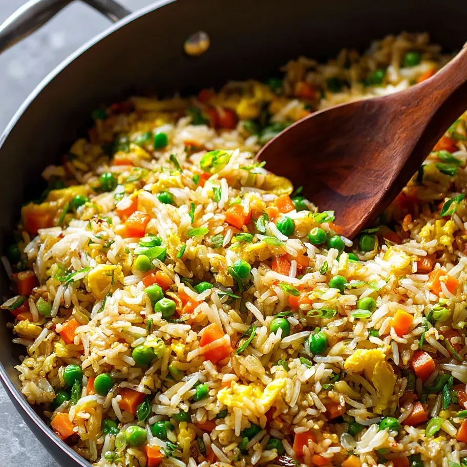 A wooden spoon in a pan of rice and vegetables.