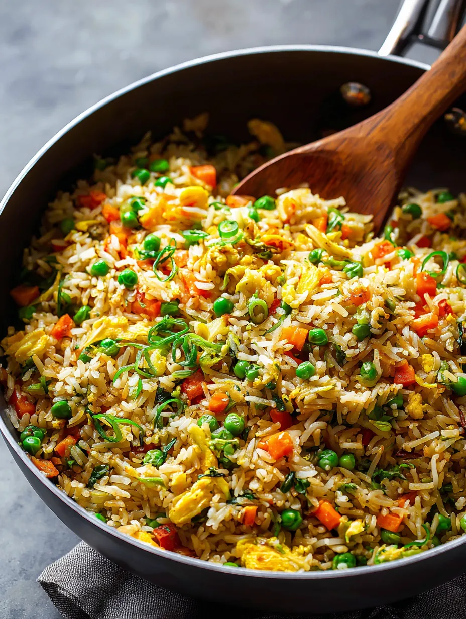 A pan of rice with peas and carrots.