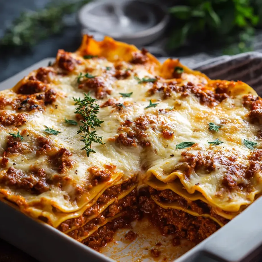 A plate of lasagna with cheese and meat.