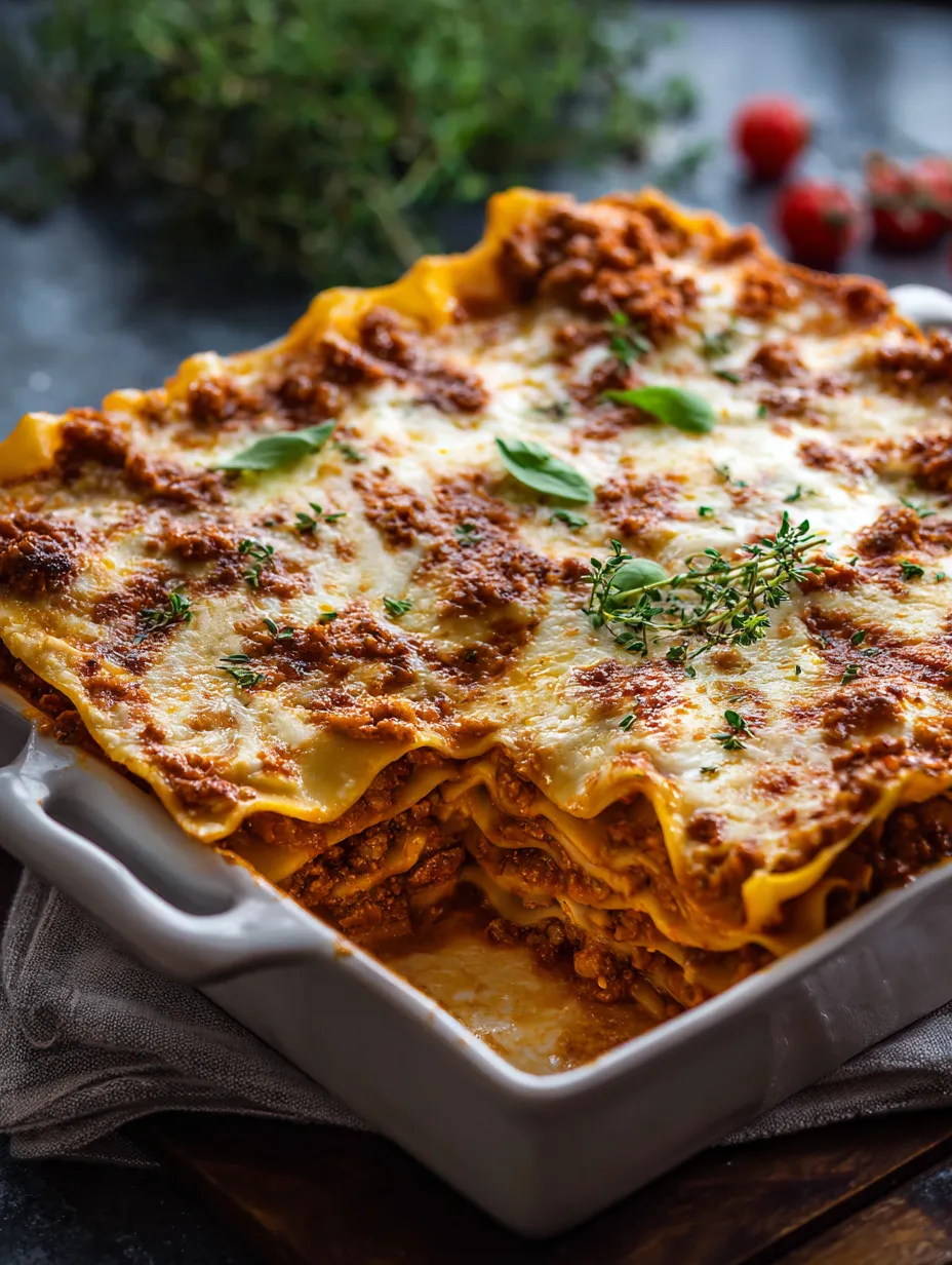 A dish of lasagna with cheese and herbs.