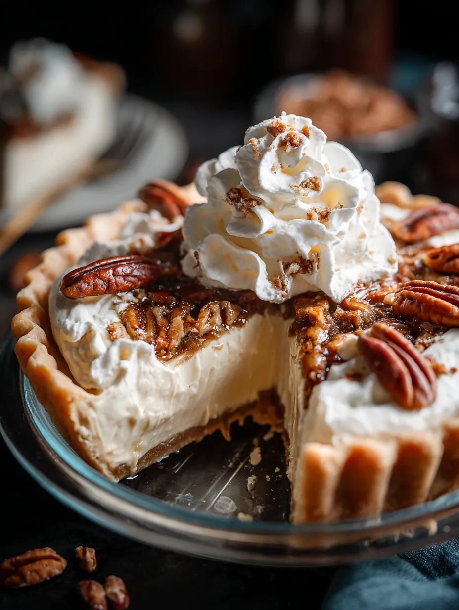 A slice of pie with whipped cream on top.