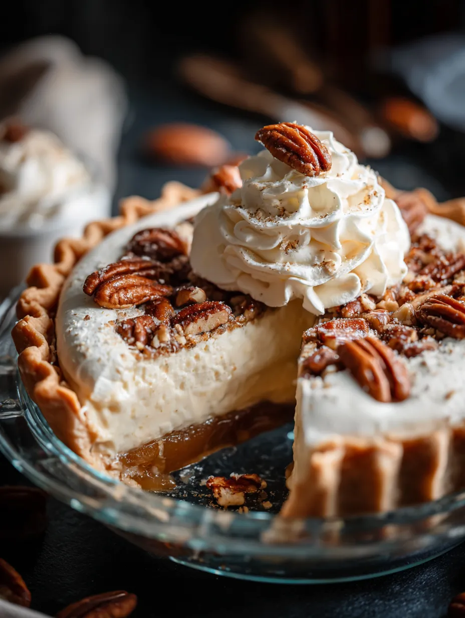 A slice of pie with whipped cream on top.