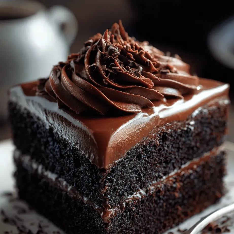 A slice of chocolate cake with a chocolate frosting.