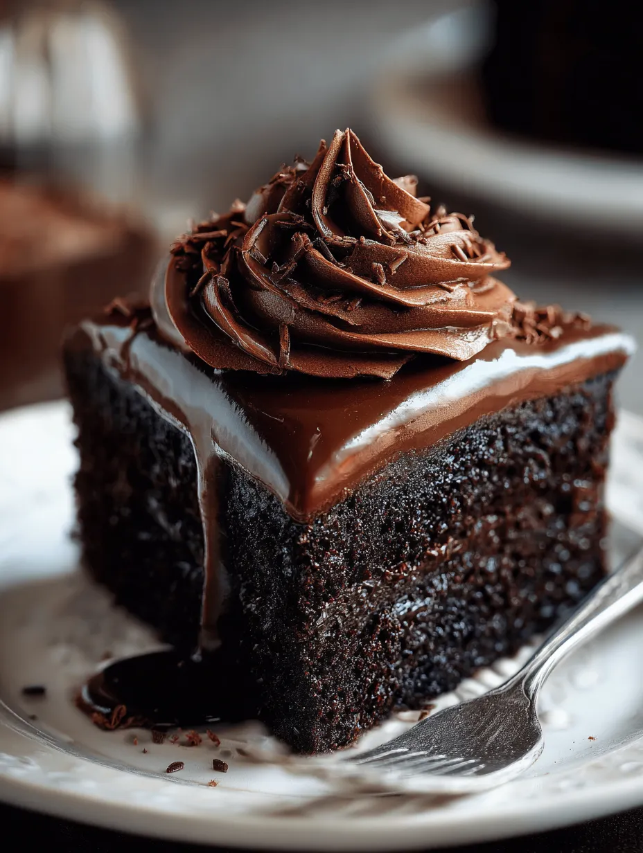 A slice of chocolate cake with chocolate frosting.