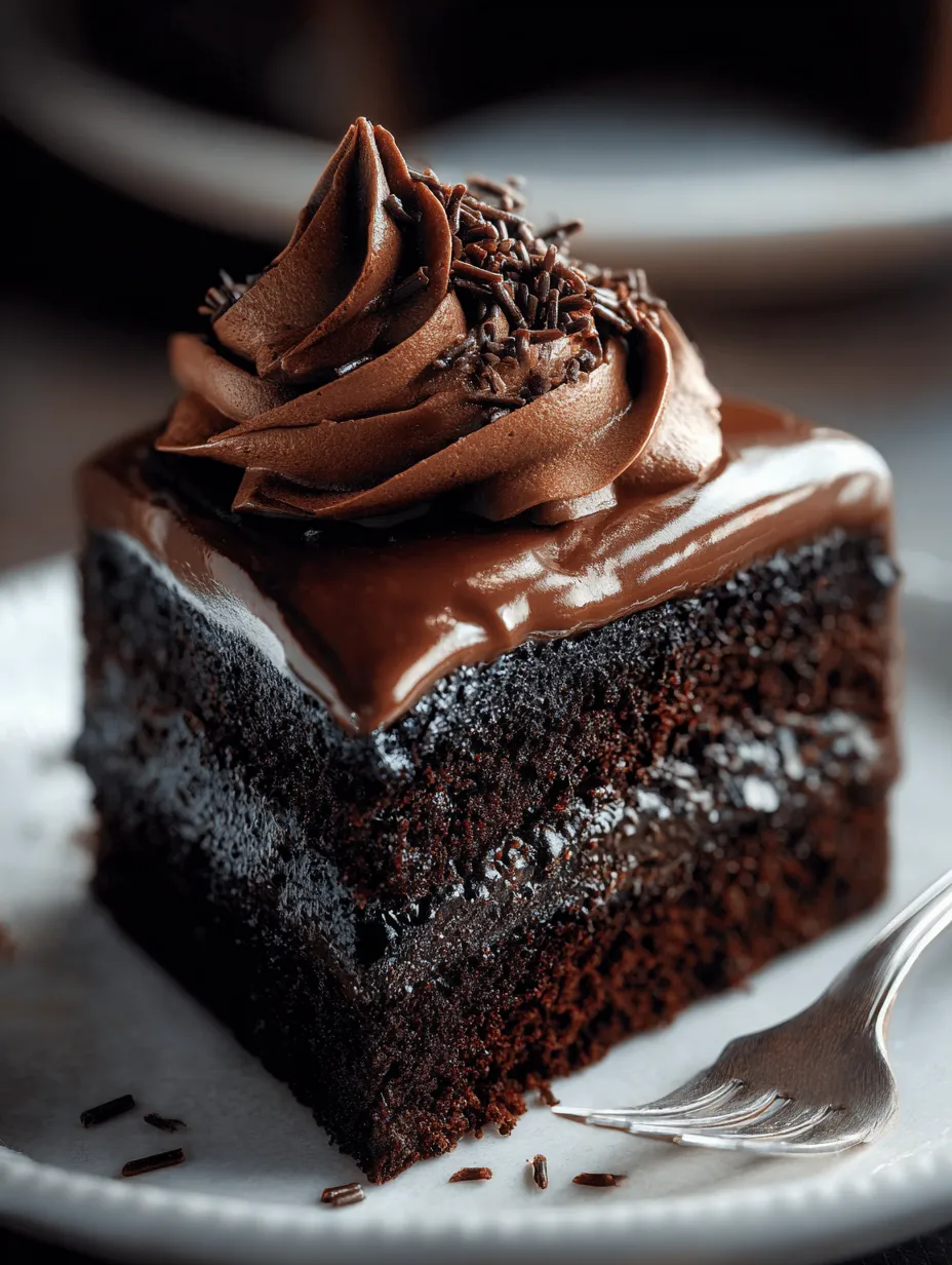 A slice of chocolate cake with a chocolate frosting and a chocolate sprinkle on top.