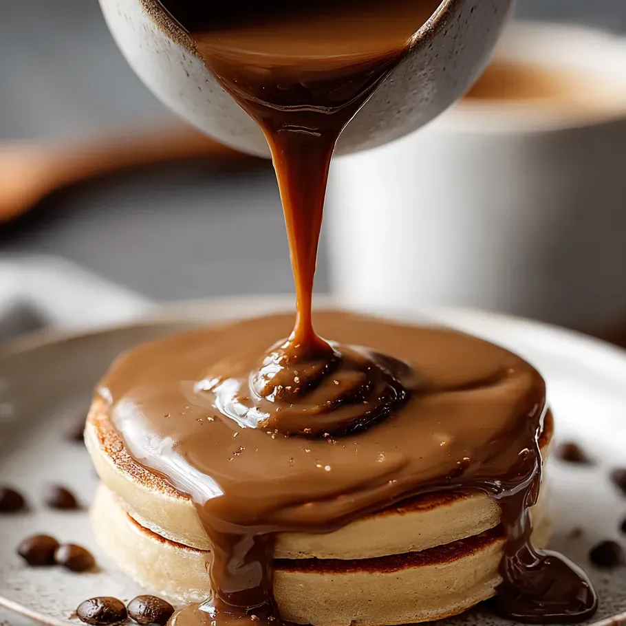 Chocolate syrup dripping onto a pancake.