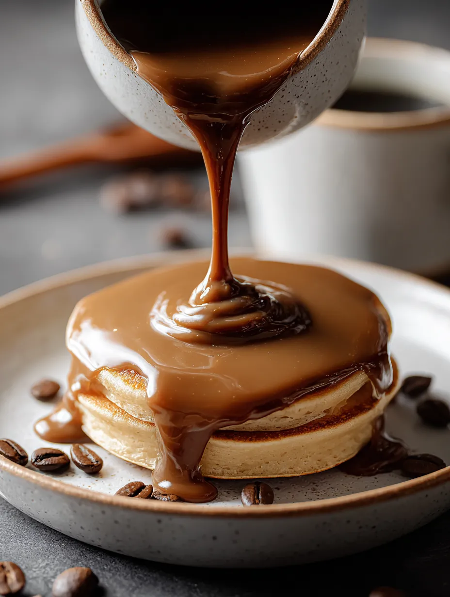 Chocolate syrup dripping from a spoon onto a pancake.