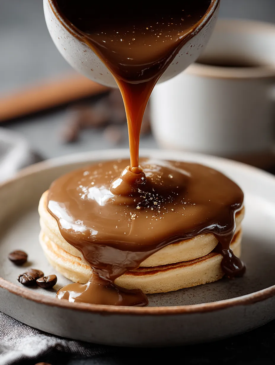 A chocolate syrup is being poured over a pancake.