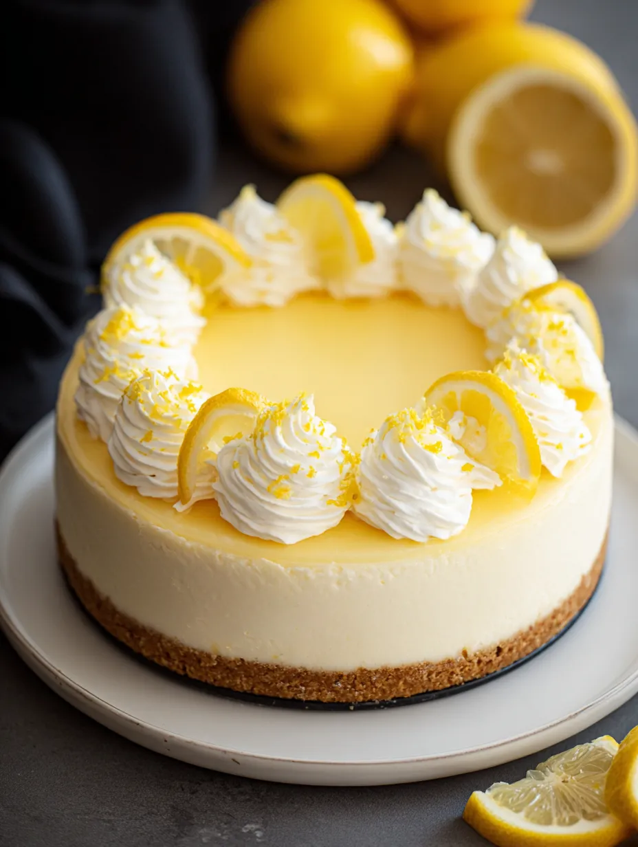 A slice of lemon cheesecake with lemon wedges on top.