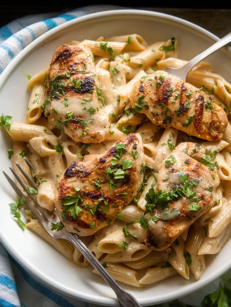 A plate of chicken and pasta.